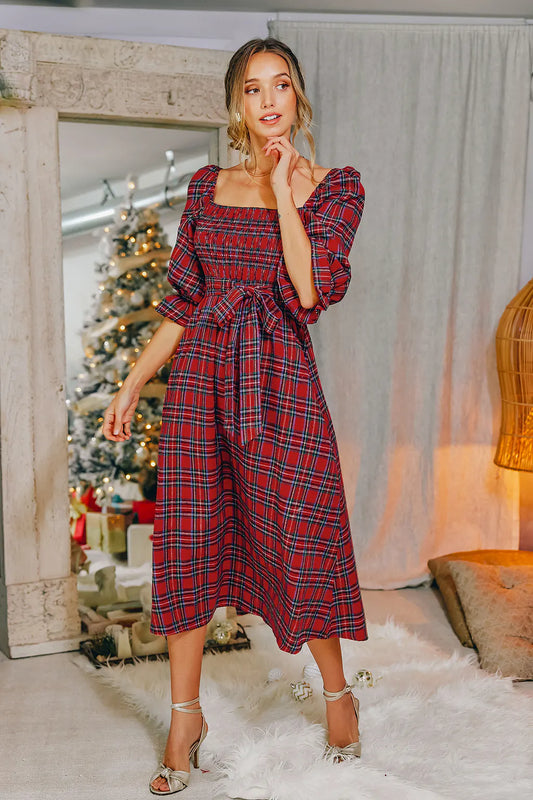 Festive Midi Dress | Checkered Red & Navy | Elegant and Stylish