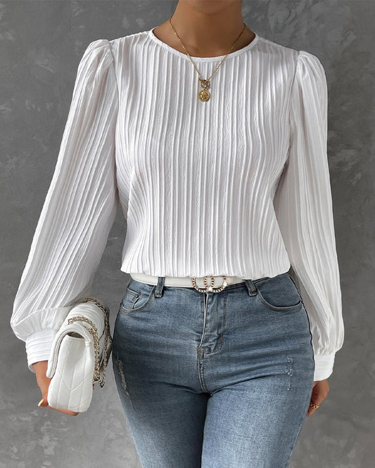 Solid Blouse with Lantern Sleeves