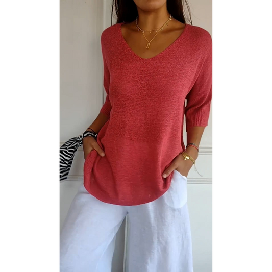 Knitted top with V-neck