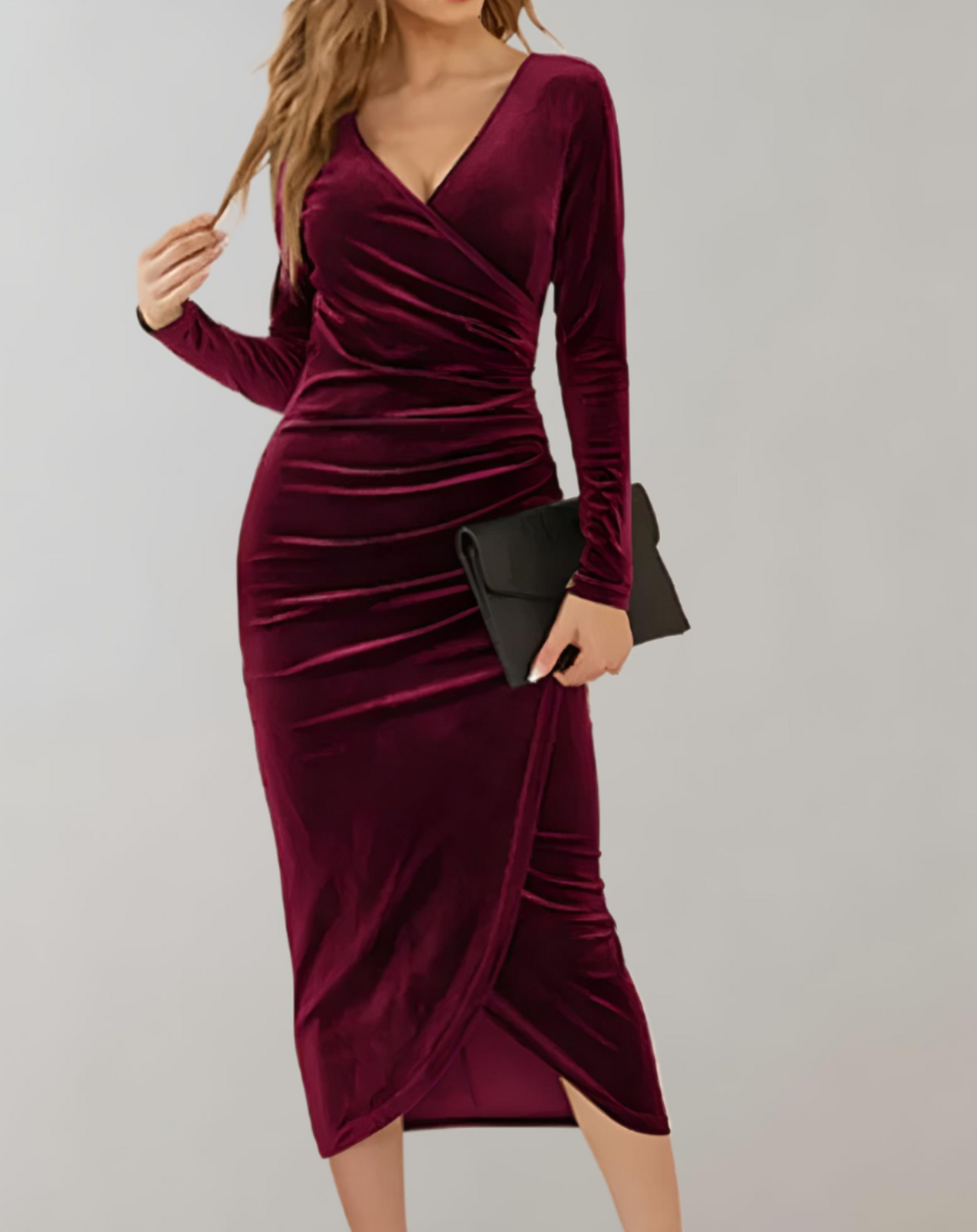 Velvet Midi Dress | Elegant Gathered Design | Luxe and Sophisticated